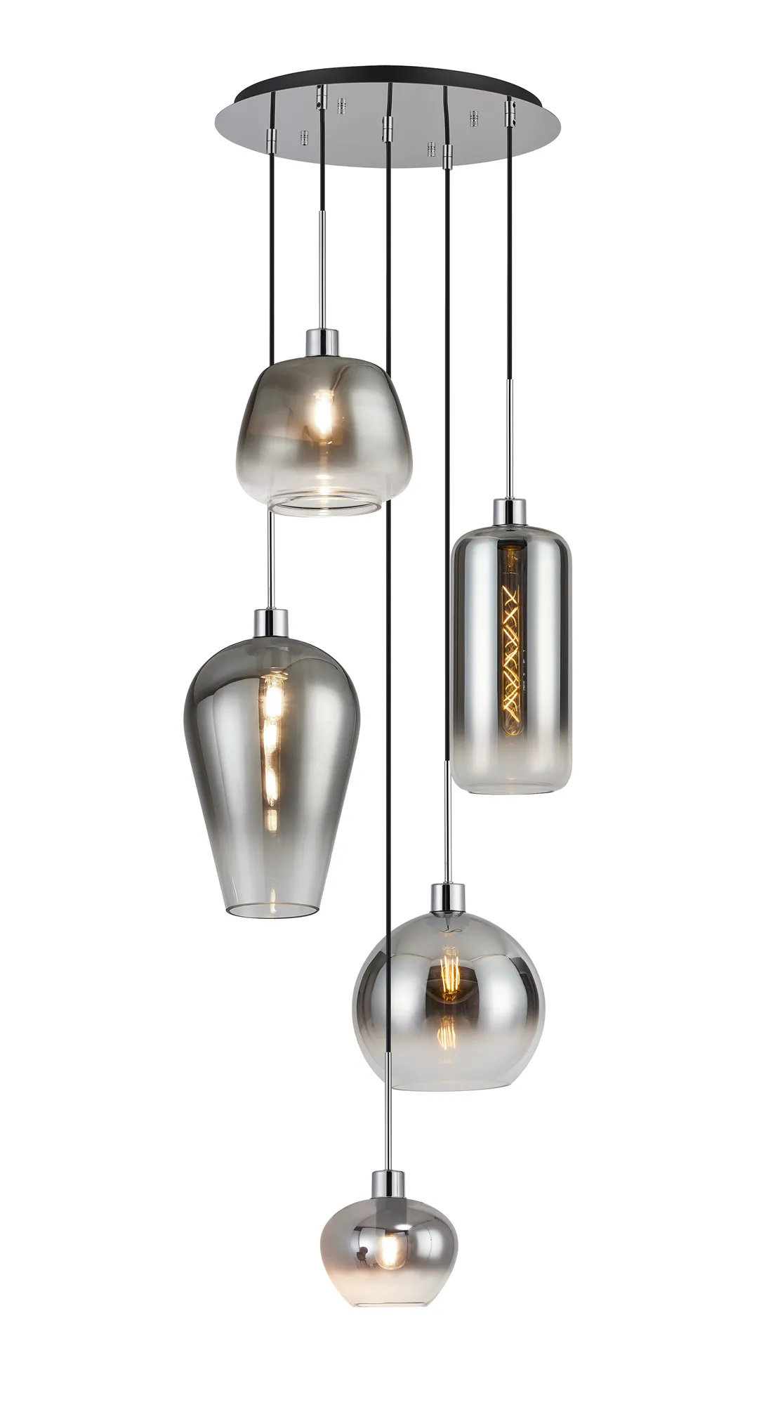DK1298  Lori 45cm Round Pendant, 5 Light Adjustable E27, Polished Chrome/Smoke Fade With Mixed Shades